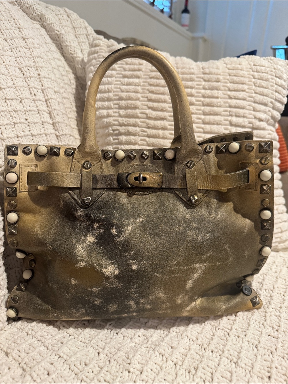 Giorgio Brato Metallic Gold Studded Leather Satchel